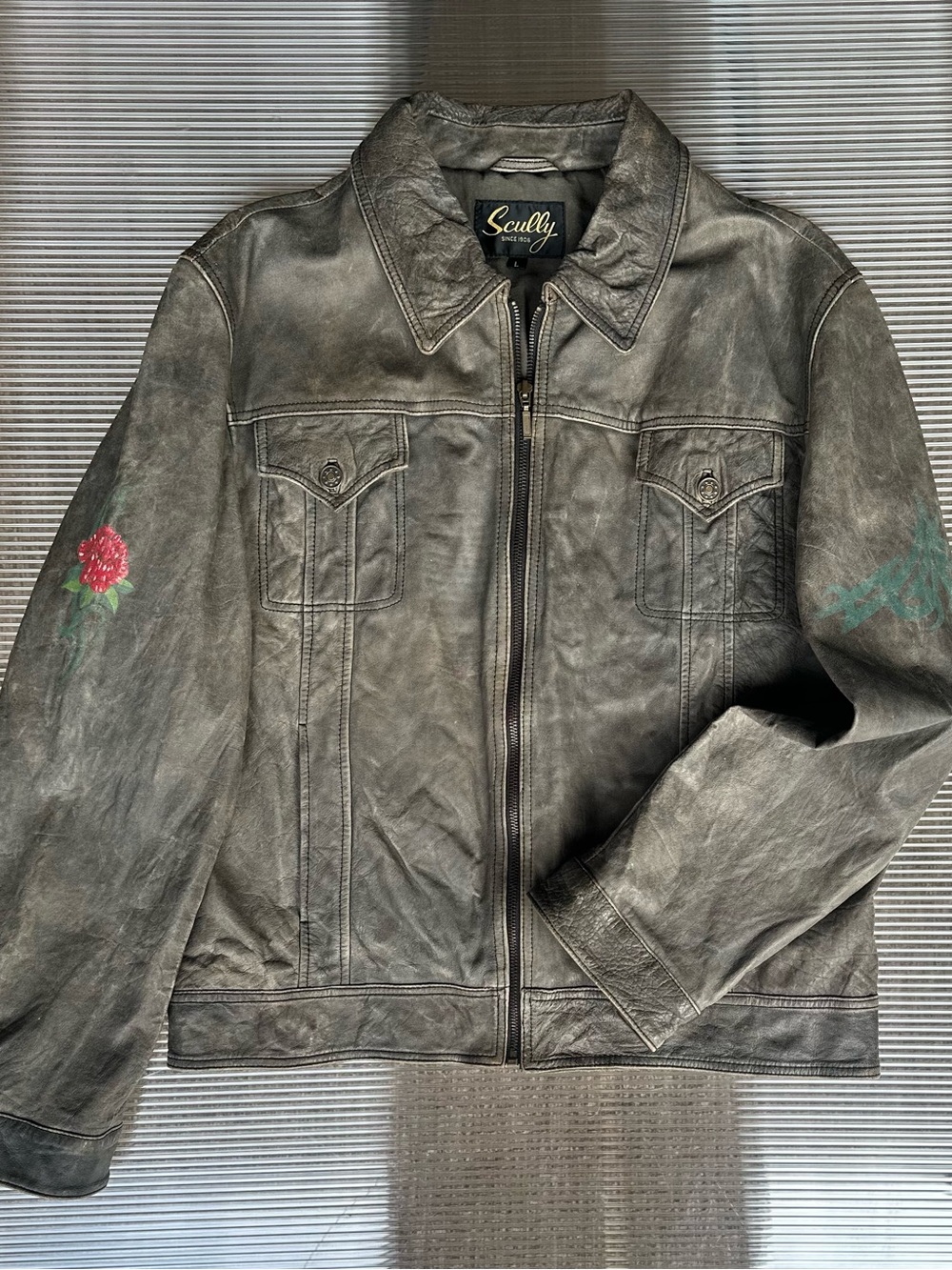 Vintage Scully Leather Jacket Large Custom Hand Painted Dragon Distressed Y2K